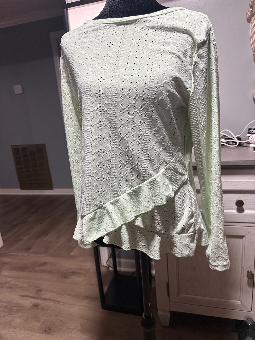 Light Green Eyelet Ruffle Long-Sleeve Top